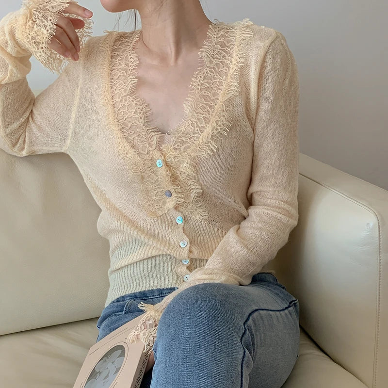 Seoulish Vintage Lace Knitted Cardigans for Women 2026 New Autumn Winter Solid Casual Slim Korean Style Ladies Tops Female