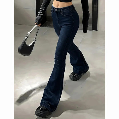 Girls Concise Ins High Waist Flared Jeans Female Stretchy Bootcut Denim Pants Women Solid Color Thin Bell Bottoms Trousers