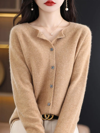 2026 New Chic Women's Basic O-neck Cardigan 100% Merino Wool Sweater Soft Grace Knitwear CoatSpring Autumn Female Clothes Tops