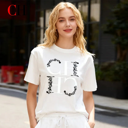 CH Letter Printed Fashionable Black T-shirt Trendy Streetwear Fashionable Men's and Women's Casual Loose Short Sleeved Top