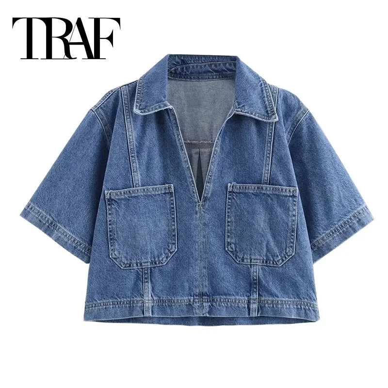 Blue Denim Shirt Woman Short Sleeve Cropped Shirt Women Summer Short Tops Woman Streetwear Y2k Stylish Women's Blouses