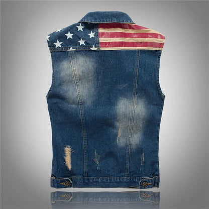 Men Slim Denim Vests Waistcoats Jackets Fashion Male Blue Fit Denim Coats Vests Large Size Punk Style Holes Jeans Vest Size 6XL