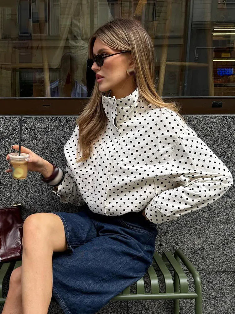 Woman Autumn Long Sleeves Turtleneck Zipper With Pockets Drawstring Casual Coats Women Fashion Polka Dot Printed Jacket
