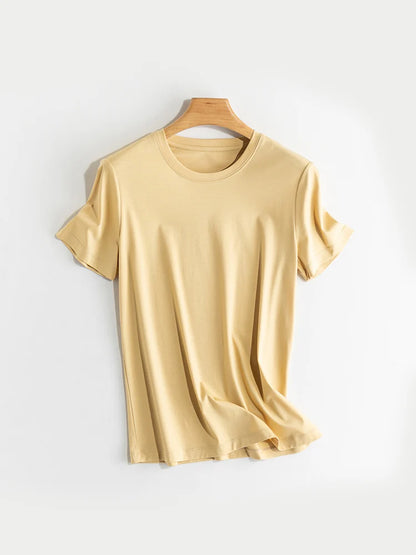 SuyaDream Women Solid T shirts, Silk Cotton Blend, O Neck, Short Sleeved Solid Tee,2026 Summer Candy Colors Basic Cozy Top Green