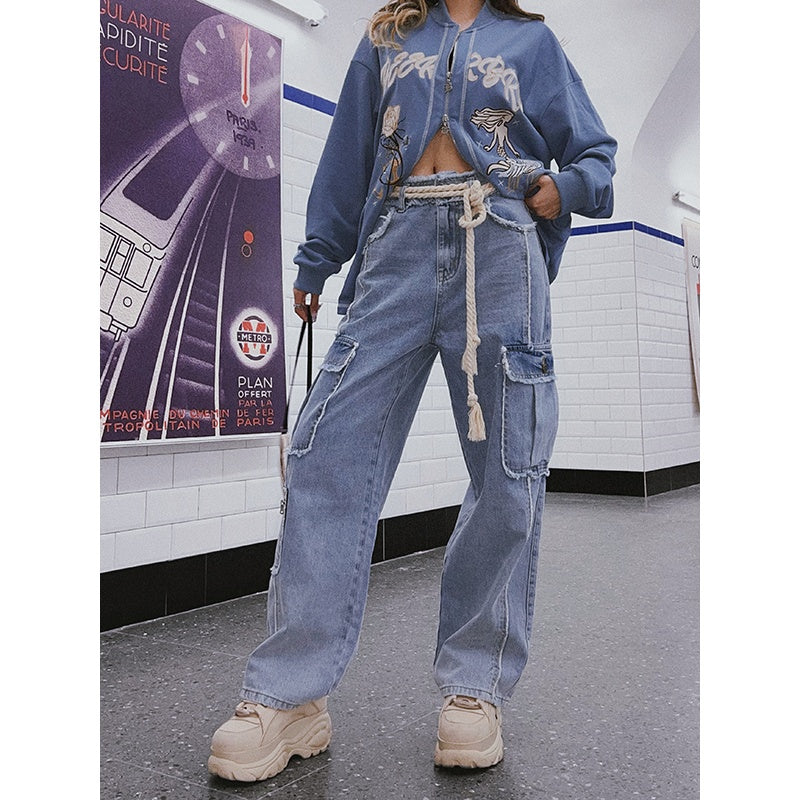 Retro American High Waist Jeans With Raw Edges