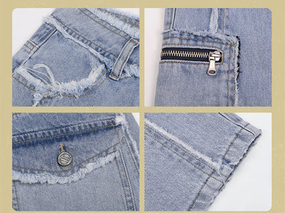 Retro American High Waist Jeans With Raw Edges