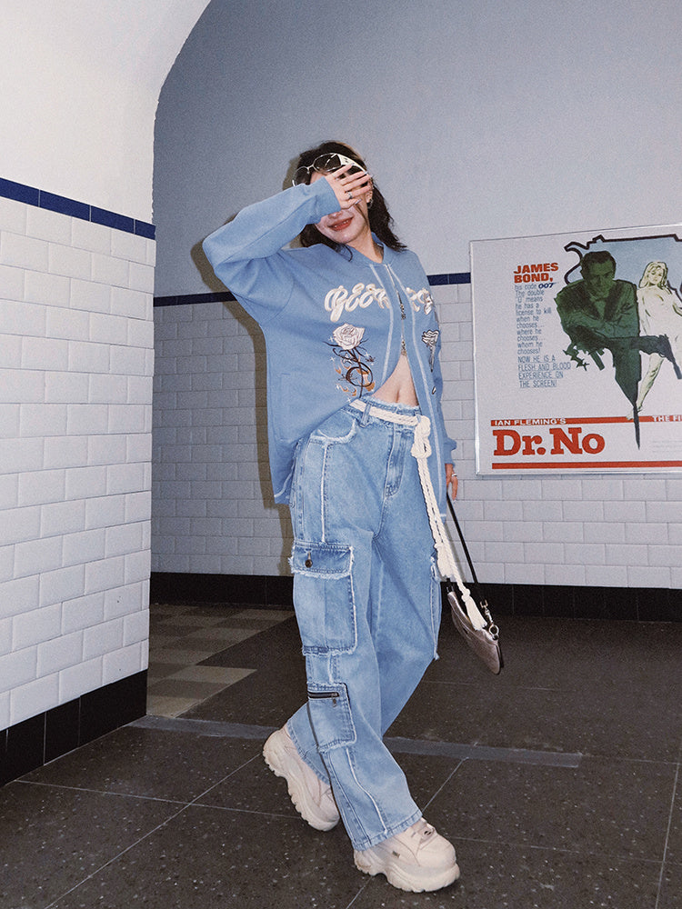 Retro American High Waist Jeans With Raw Edges