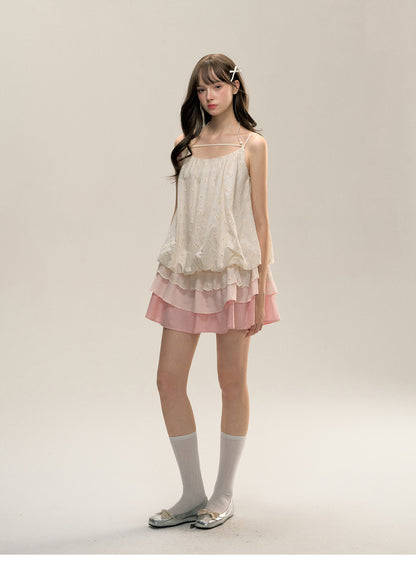 Small Milk Blocks Fu Drawstring Suspender Skirt Gradient Color Dress