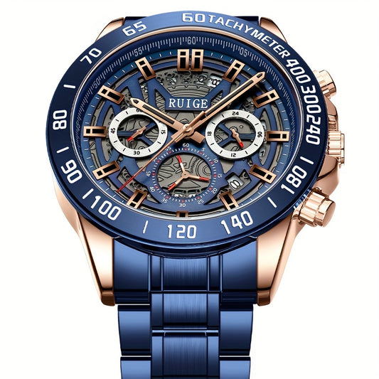 RUIGE Business Fashion Men's Quartz Chronograph, Stainless Steel Multi Functional Men's Watch with Calendar And Night Light