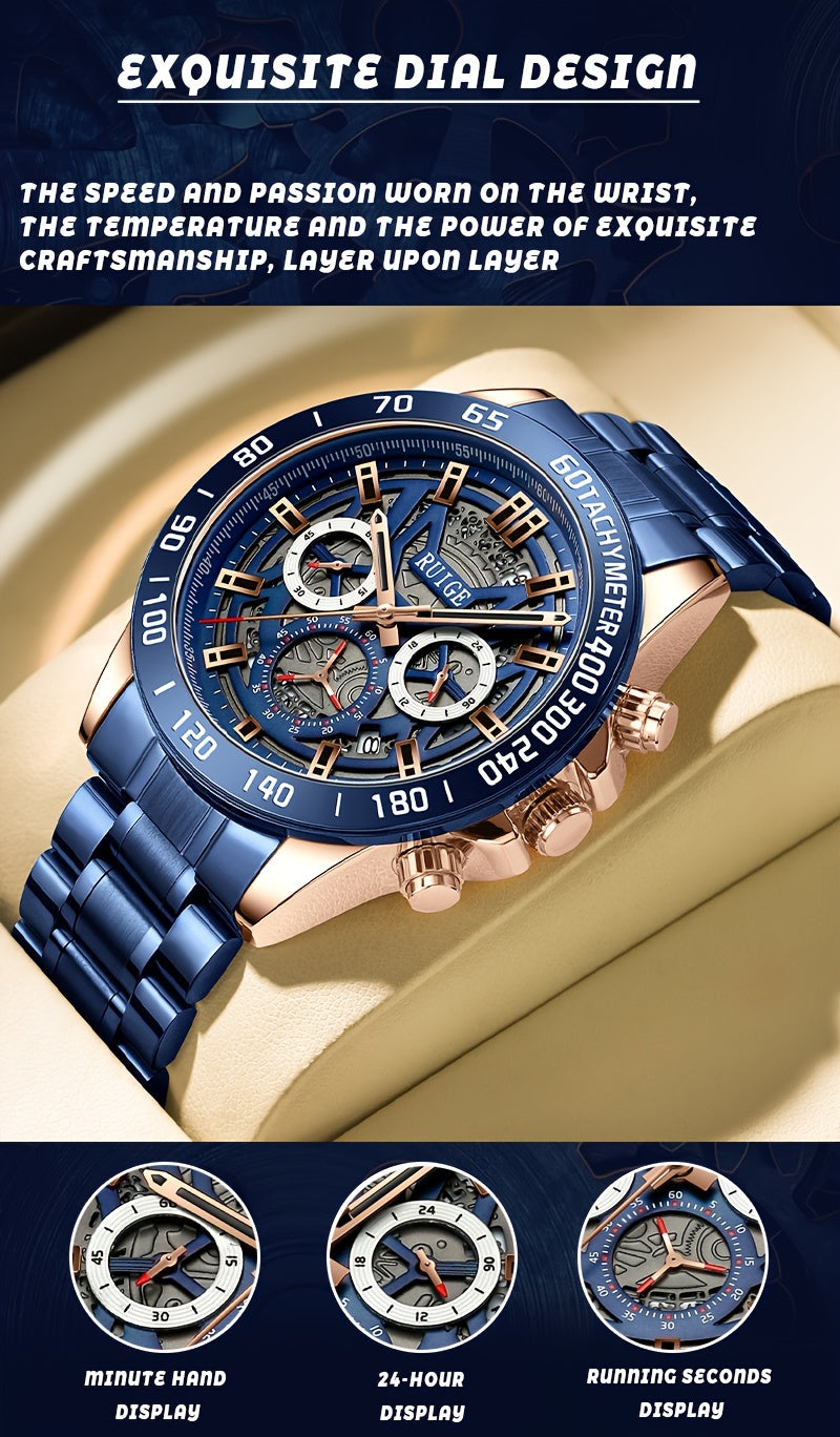 RUIGE Business Fashion Men's Quartz Chronograph, Stainless Steel Multi Functional Men's Watch with Calendar And Night Light