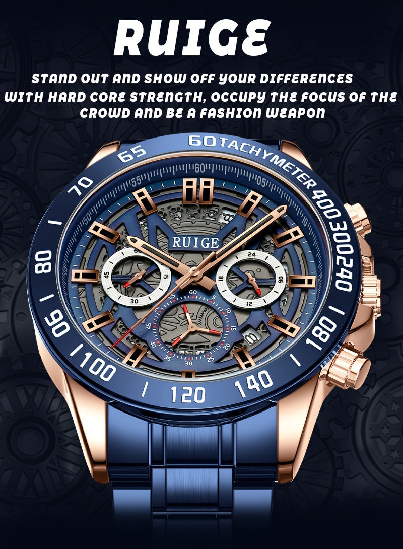 RUIGE Business Fashion Men's Quartz Chronograph, Stainless Steel Multi Functional Men's Watch with Calendar And Night Light