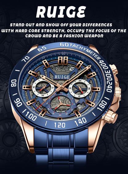 RUIGE Business Fashion Men's Quartz Chronograph, Stainless Steel Multi Functional Men's Watch with Calendar And Night Light