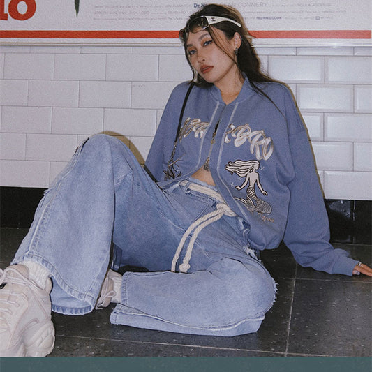 Retro American High Waist Jeans With Raw Edges