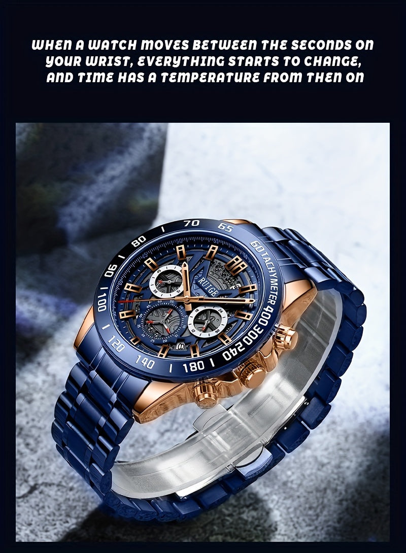 RUIGE Business Fashion Men's Quartz Chronograph, Stainless Steel Multi Functional Men's Watch with Calendar And Night Light