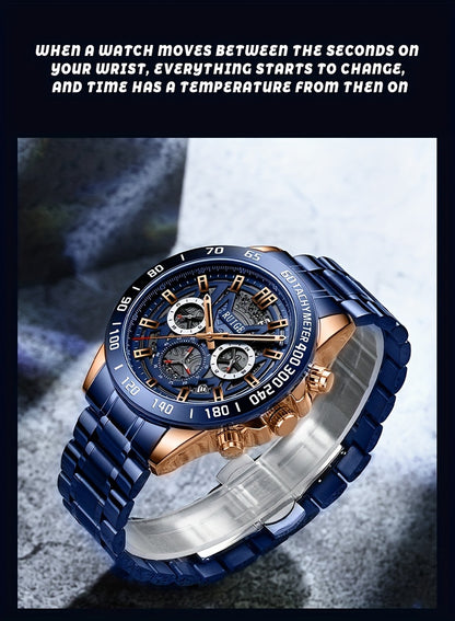 RUIGE Business Fashion Men's Quartz Chronograph, Stainless Steel Multi Functional Men's Watch with Calendar And Night Light