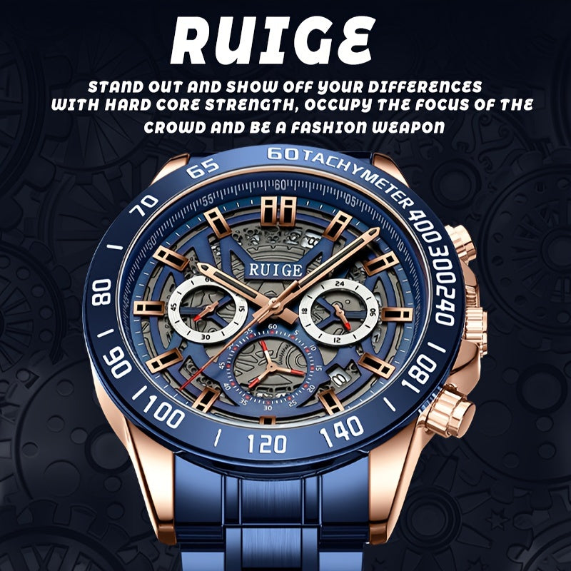 RUIGE Business Fashion Men's Quartz Chronograph, Stainless Steel Multi Functional Men's Watch with Calendar And Night Light