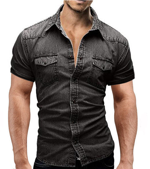 SKU: 3306 Nueva ropa vaquera europea y americana para hombres de comercio exterior Camisas ajustadas de manga corta de mezclilla para hombres 