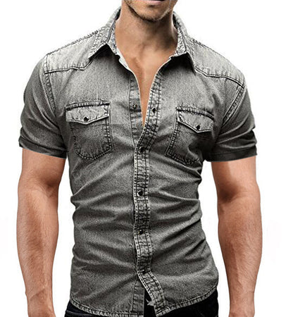 SKU: 3306 Nueva ropa vaquera europea y americana para hombres de comercio exterior Camisas ajustadas de manga corta de mezclilla para hombres 